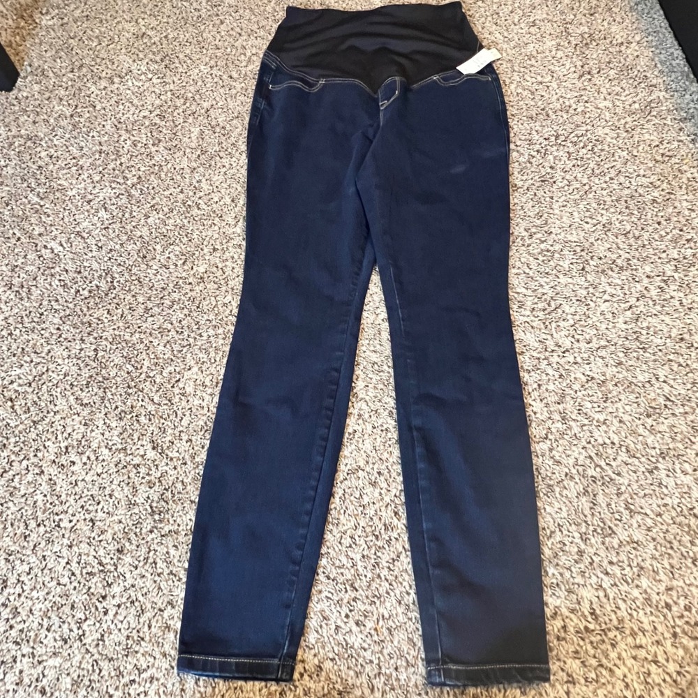 Maurices Maternity Skinny Jeans Dark Wash Full Belly Band Blue Size Medium NWT